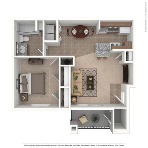 a stylized floor plan with a bedroom and living room